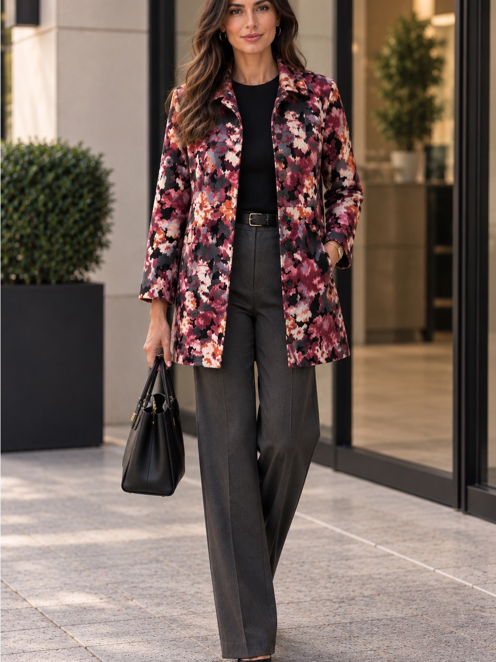 Chico's Pink Multi Floral Print Pea Coat